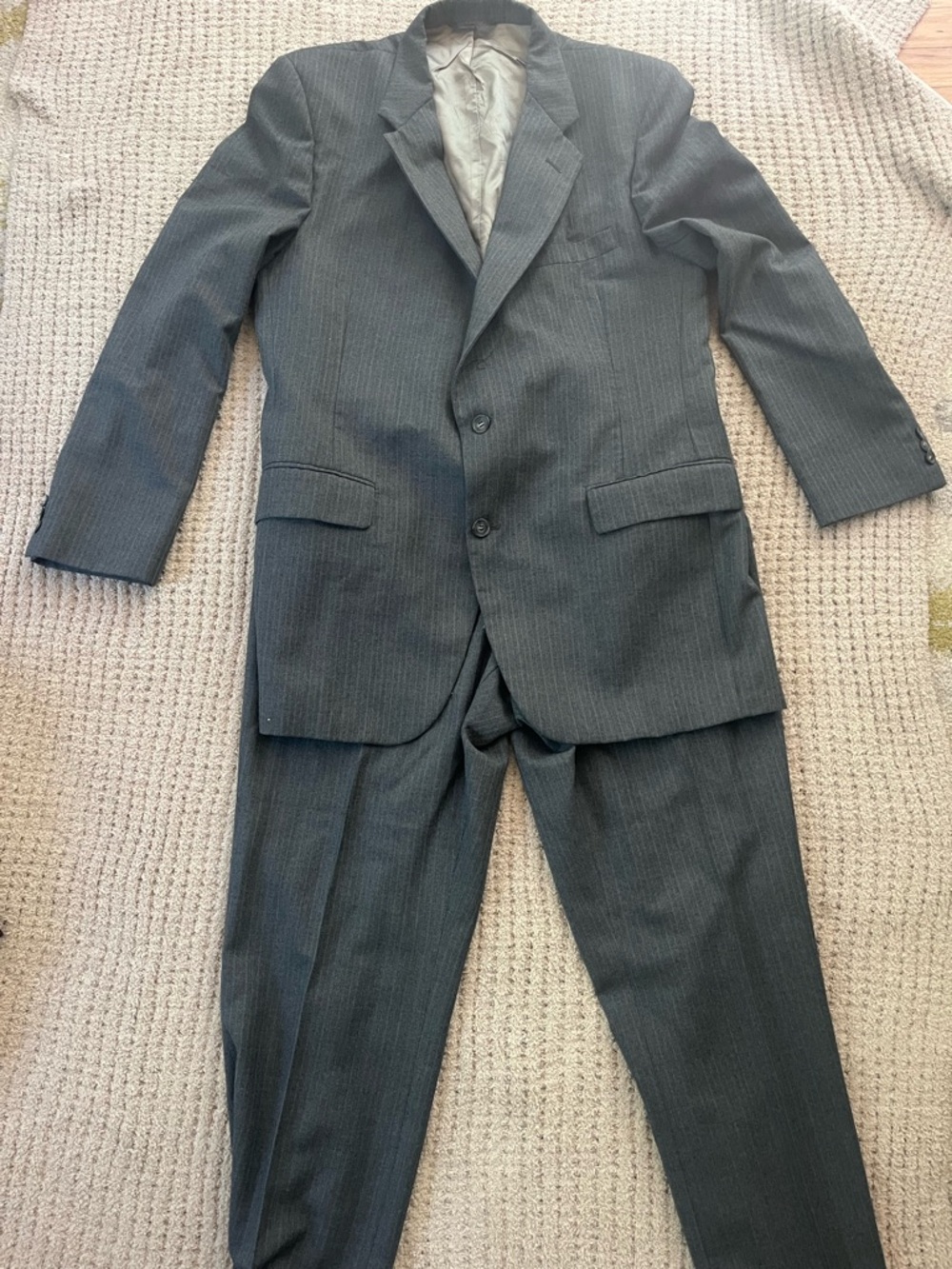 Men's Dark Gray Pinstripe Two-Piece Suit Jacket & Trousers